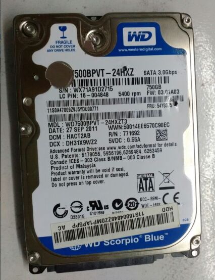 西数数据恢复WD7500BPVT-24HXT3,750G笔记本硬盘  磁头损坏，数据恢复成功