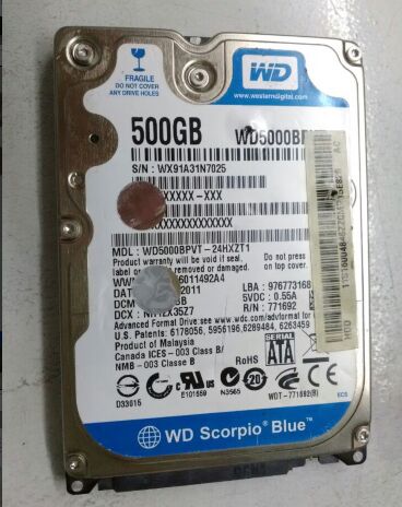 西数数据恢复WD500GB WD5000BPVT-24HXZT1,磁头损坏，开盘数据恢复成功